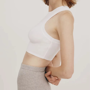<b>Women's</b> <b>White</b> Ribbed Yoga Crop <b>Top</b> O-Neck <b>Tank</b> Minimalist Solid Knitted Breathable Lightweight Workout Spandex/Nylon Seamless - Product Image 4
