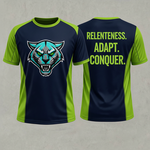 Camiseta Unisex Ajustada de Manga Corta, Poliéster, Impresión por Sublimación, Logotipo de Pantera, Diseño Relentlessness Adapt Conquer - Product Image 1