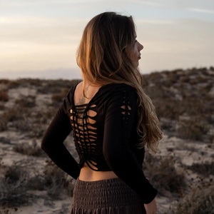 Boho Long Sleeve Cut Out <b>Top</b> Strappy Back Crop <b>Top</b> for Women <b>Flowy</b> Summer Blouse Comfortable Casual Festival Wear - Product Image 4