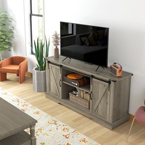 "Modern Gray TV <b>Stand</b> with Charging Station & Sliding Barn <b>Door</b> 16" Tall Sideboard for Living Room" - Product Image 2