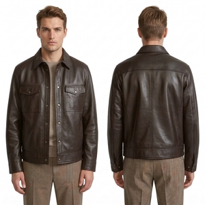 Custom Olive PU Leather <b>Trucker</b> <b>Jacket</b> for <b>Men</b> with Classic Point Collar and Functional Front Pockets - Product Image 6