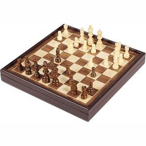 Jeu d'échecs portable 2-en-1 en bois avec rangement interne pour les pièces - Plateau magnétique pliable - Jeu d'échecs de voyage - Product Image 1