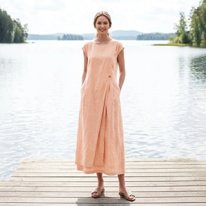 Robe midi en lin sans manches à col rond avec poches, coupe ample et respirante, robe d'été décontractée pour femmes - Product Image 1