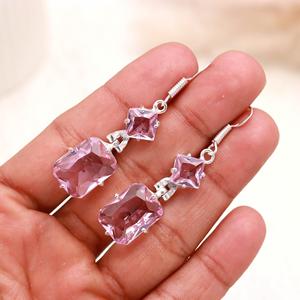 Natural Kunzite Gemstone 925 Sterling <b>Silver</b> <b>Dangle</b> <b>Earrings</b>, Pink Faceted Rectangle Drop <b>Earrings</b>, Handmade Fine Jewelry for Wo - Product Image 1