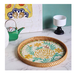 Bandeja decorativa de ratán con incrustaciones de nácar de diseño antiguo y múltiples colores, artículo de vajilla para almacenamiento de alimentos. - Product Image 1