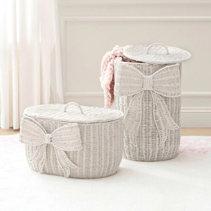 Elegant White Woven Rattan <b>Laundry</b> <b>Basket</b> with Lid Large <b>Wicker</b> Clothes Hamper with Bowknot for Girls Bedroom - Product Image 3