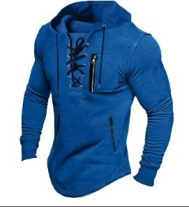 Sweat à capuche mi-long pour homme, style streetwear, avec lacets, cordon de serrage, couleur unie, manches longues, poches zippées, 100% coton, hiver - Product Image 5