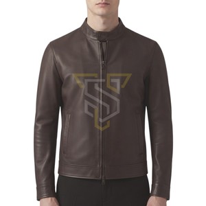 Blouson moto homme en cuir véritable marron foncé respirant, col montant, fermeture éclair, coupe classique, pour l'hiver - Product Image 2