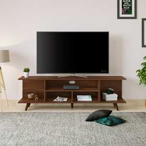 Meuble TV sur pied en bois d'ingénierie Anatdol de style minimaliste avec étagères, support pour décodeur et panneau de rangement. - Product Image 2