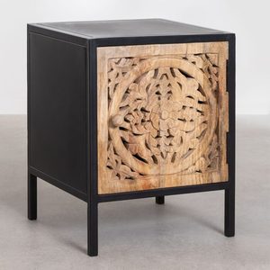 Mesita de Noche Tradicional de Madera Tallada con Diseño Floral en Relieve, 1 Cajón, Mueble de Dormitorio para Hoteles - Product Image 1