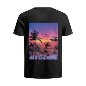 T-shirt décontracté pour homme à manches courtes, col rond, en jersey de coton, coupe classique, imprimé numérique, motif coucher de soleil noir sur fond de plage - Product Image 2
