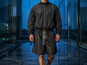 Ensemble coupe-vent deux pièces pour homme : veste et short respirants, personnalisables avec fermeture éclair, logo sur mesure devant et derrière - Product Image 3