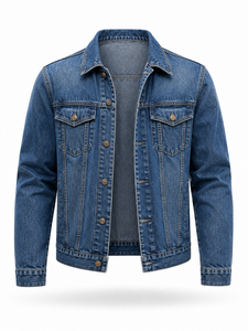 Chaqueta de Mezclilla Azul para Hombre, Cierre de Botones, Corte Regular, Estampado Informal, Estilo Otoñal, 100% Algodón, Tejido Lavado a la Piedra - Product Image 3