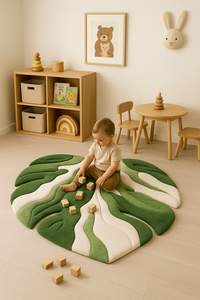 Tapis tufté à la main vert et blanc en forme de feuille, motif organique de haute qualité, design unique pour salon - Product Image 1