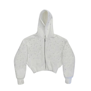 Cropped <b>White</b> Rhinestone <b>Zip</b> Hoodie Women Custom Logo Sparkle Streetwear Heavyweight Polyester/Cotton Fleece OEM Wholesale - Product Image 6
