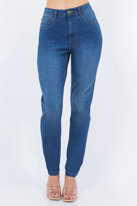 Pantalones vaqueros de mezclilla cómodos y elegantes para mujer, de cintura alta, ajustados, azules, de cinco bolsillos y largo completo. - Product Image 4