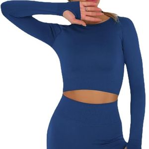 Conjunto Deportivo de 2 Piezas, Top de Manga Larga sin Costuras, Cintura Alta, Ropa Deportiva de Compresión, Azul Marino - Product Image 4