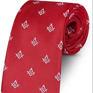 Cravate en soie tissée à la main pour francs-maçons, avec équerre et compas, rouge/blanc - Product Image 1