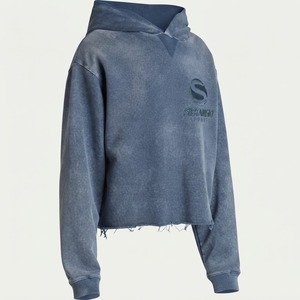 Heavyweight Vintage Copped <b>Hoodies</b> No Strings Distressed Embroidery Patch Unisex Raw Hem Acid Washed Cropped Hoodie <b>Men</b> - Product Image 2