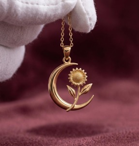 Colgante de Plata de Ley 925 Sólida con Girasol y Luna Creciente, Bañado en Oro Vermeil, Joyería Celestial Floral Nueva al por Mayor - Product Image 4