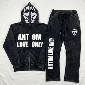 Ensemble 2 pièces décontracté pour homme, hiver, en coton épais 100%, avec sweat à capuche uni et pantalon de jogging empilé, respirant et effet vieilli - Product Image 2