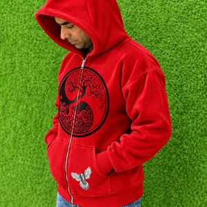 Sudadera con capucha roja de terciopelo para hombre, estilo urbano, diseño personalizado estampado, corte regular, para otoño. - Product Image 3
