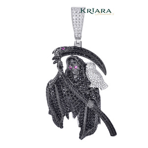 Pendentif Grim Reaper en diamant de laboratoire, argent 925 plaqué or 18 carats, taille ronde, unisexe, style hip-hop - Product Image 2