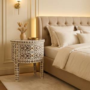 Round MDF Resin Inlay Bedside Wardrobe With Carved Floral Pattern Double Table Classic Style End Table For Living Room - Product Image 4