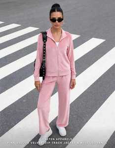 <b>Women's</b> Pink <b>Velour</b> Velvet 2 in 1 Lightweight Sports <b>Tracksuit</b> Set with Zip Track Jacket and Wide Leg Pants - Product Image 6