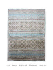 Tapis en laine et soie noué à la main, bleu ardoise et rayures géométriques dorées, 10' x 14', à poils ras, pour salon - Product Image 1