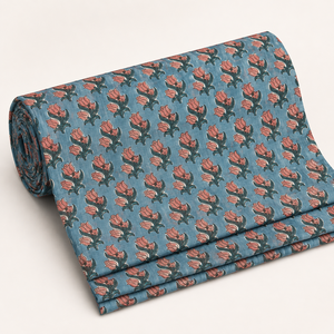 Tissu en coton imprimé à la main à motifs floraux bleus et roses pour la confection de robes, de costumes, de dupattas, de textiles de couture et de vêtements. - Product Image 2