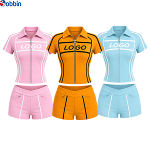 Vêtements pour femmes, ensemble sportif rose 2 pièces pour femmes, haut à manches courtes avec fermeture éclair, short taille haute, respirant, tricoté, pour l'entraînement, vêtements de printemps - Product Image 5