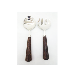 Ensemble de cuillères et fourchettes de service en acier inoxydable de luxe avec manches en bois foncé, lavable au lave-vaisselle, durable et éco-responsable - Product Image 1