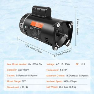 Motor de Bomba para Piscina de 1 HP, 3450 RPM, 60 Hz, con Capacitor de 90 F/250 V, Rotación CCW, Carcasa 56Y, 115 V/230 V, 9/4.5 Amperios, Factor de Servicio 1.25 - Product Image 6