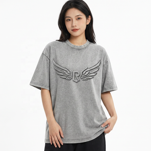 T-shirt Homme Oversize avec Logo R Ailes Gaufrées Manches Courtes Col Rond Décontracté Jersey 100% Coton Gris - Product Image 5