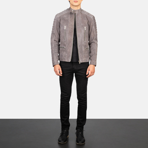 Men's Grey <b>Suede</b> Moto <b>Jacket</b> Stand Collar Zipper Closure Slim Fit Regular Length Autumn Wear <b>Jackets</b> - Product Image 5