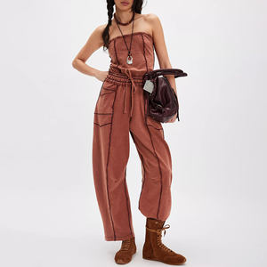 Mono sin tirantes de cintura alta para mujer, con bolsillos, corte holgado, estilo bohemio, largo completo, sin mangas, de una pieza, para primavera y verano - Product Image 4