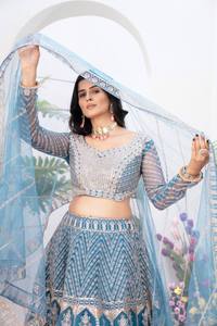 Lehenga Choli Nupcial Indio, Traje Tradicional para Boda, Material de Red con Diseño de Mariposa, Bordado con Lentejuelas, Interior de Satén, Cancan - Product Image 2
