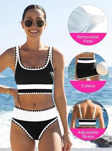 Women's Black White Floral Contrast Binding Tankini Set Scoop Neck <b>Crop</b> <b>Top</b> Skirt Two Piece Stretch High Waist Breathable - Product Image 6