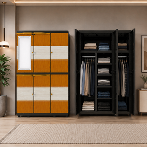 Naiba Mega Portable Plastic Cabinet/<b>Wardrobe</b> with Ebony Wood Style <b>Doors</b> & <b>Mirror</b> & Hanger for Clothing & Bedroom Storage - Product Image 1