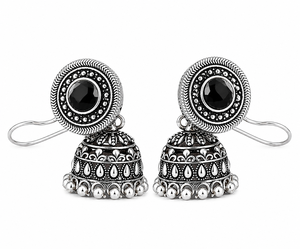 Pendientes Jhumka de Plata Oxidada con Piedra Negra, Hechos a Mano, Estilo Boho Tribal Étnico, Joyería de Moda, Regalo para Mujer - Product Image 3