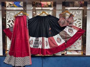 <b>Women</b> Traditional Indian Pakistani <b>Lehenga</b> Choli Set Red Black Cotton Floor Length Wedding Wear Hand Drawn Print Loose Fit - Product Image 4