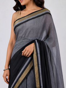 Sari long élégant noir et gris en coton avec bordure dorée, tenue de mariage traditionnelle pour femme, infroissable, anti-humidité, recyclé - Product Image 2