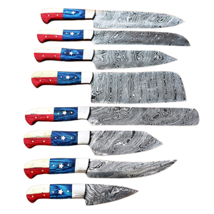 Ensemble de 8 couteaux de chef en acier Damas faits à la main avec manches étoilés rouge, bleu et blanc – Couteaux de cuisine professionnels pour la découpe - Product Image 2