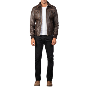Veste en cuir véritable marron pour homme, col rabattu, fermeture éclair, poche avant, coupe-vent, veste décontractée d'automne - Product Image 1