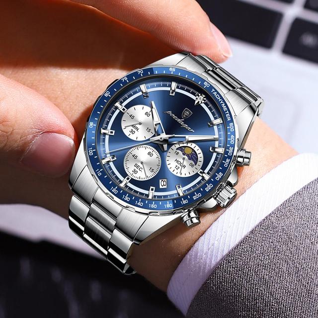 Poedagar 879 Men Stainless Steel Strap Quartz Movement Watch Waterproof Sport Luminous Chronograph Fashion Luxury Wristwatch