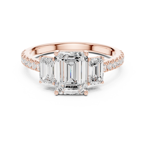 Anillo de Compromiso de Oro Rosa con Tres Piedras de Diamante Cultivado en Laboratorio con Corte Esmeralda, Piedras Laterales Pavé, Estilo Vintage, Joyería Fina para Mujer - Product Image 1