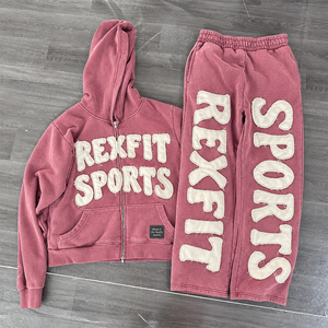 Ensemble de survêtement unisexe RextFit Sports vert avec fermeture éclair, imprimé en relief, écologique, avec lettres appliquées effet vieilli, style streetwear - Product Image 3
