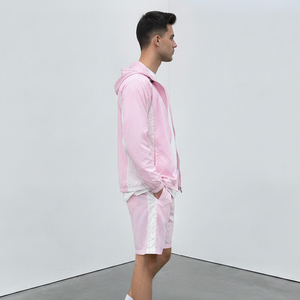 Men's Pink Color Block Windbreaker Jacket and Shorts <b>Set</b> Hooded Casual Outwear Summer Breathable <b>Knitted</b> Polyester Tracksuit - Product Image 3
