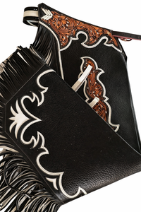 Pantalones de cuero repujado con diseño floral occidental, cierre de hebilla y botón, diseño atlético para competición, flecos en blanco y negro, ajuste regulable - Product Image 4